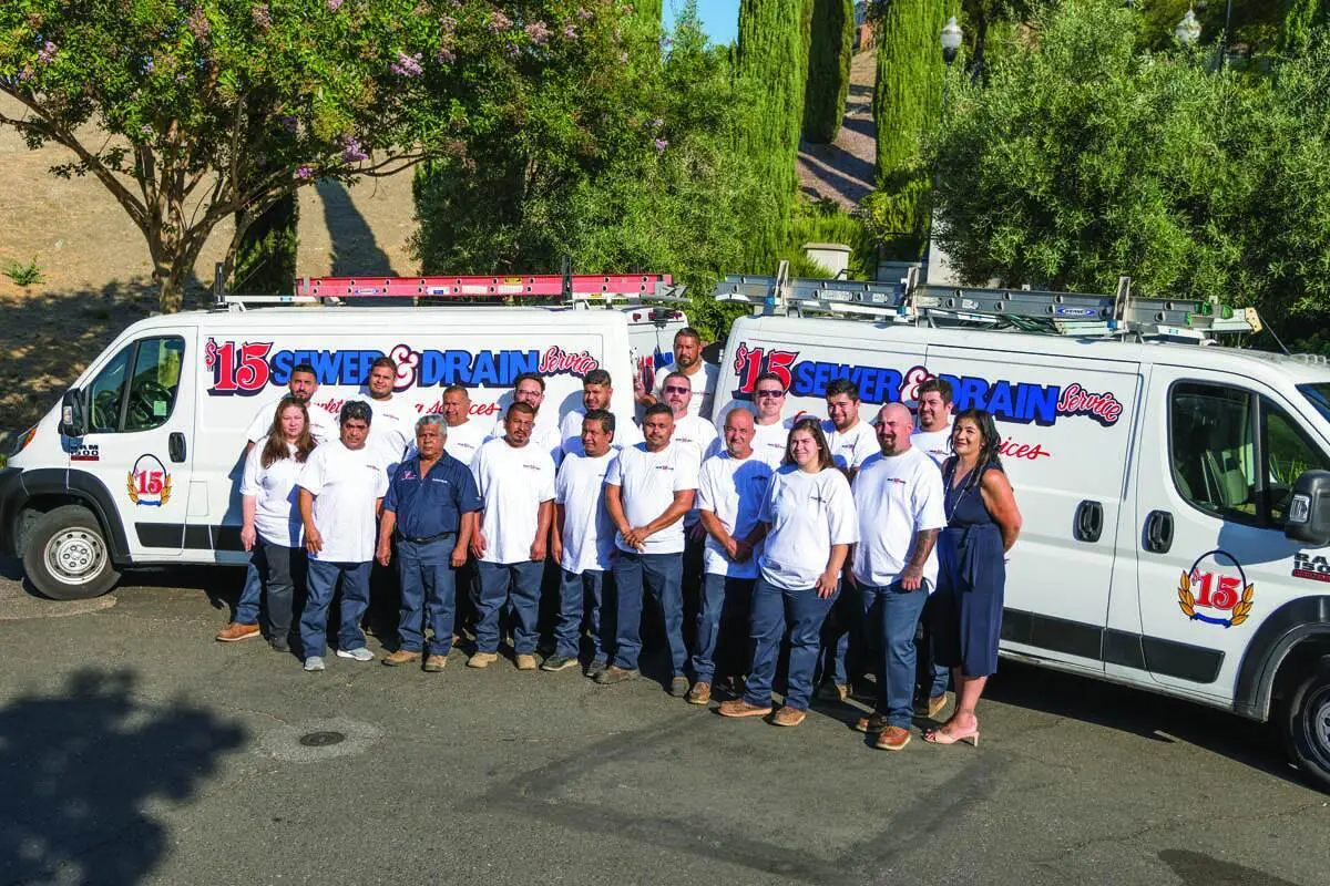 Group of plumbers beside company vehicles