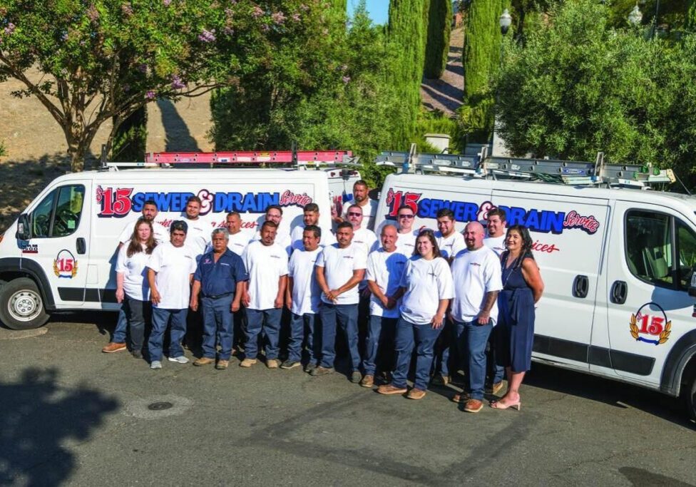 Group of plumbers beside company vehicles